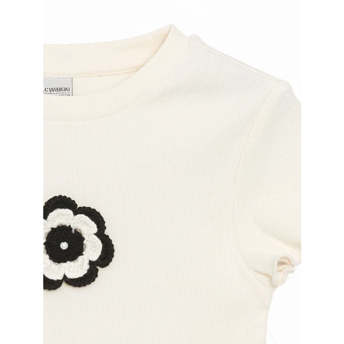 LCW Kids Ekru Bisiklet Yaka Çiçekli Kız Çocuk Crop Tişört