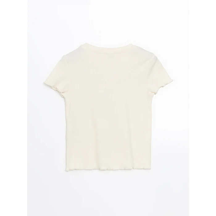 LCW Kids Ekru Bisiklet Yaka Çiçekli Kız Çocuk Crop Tişört