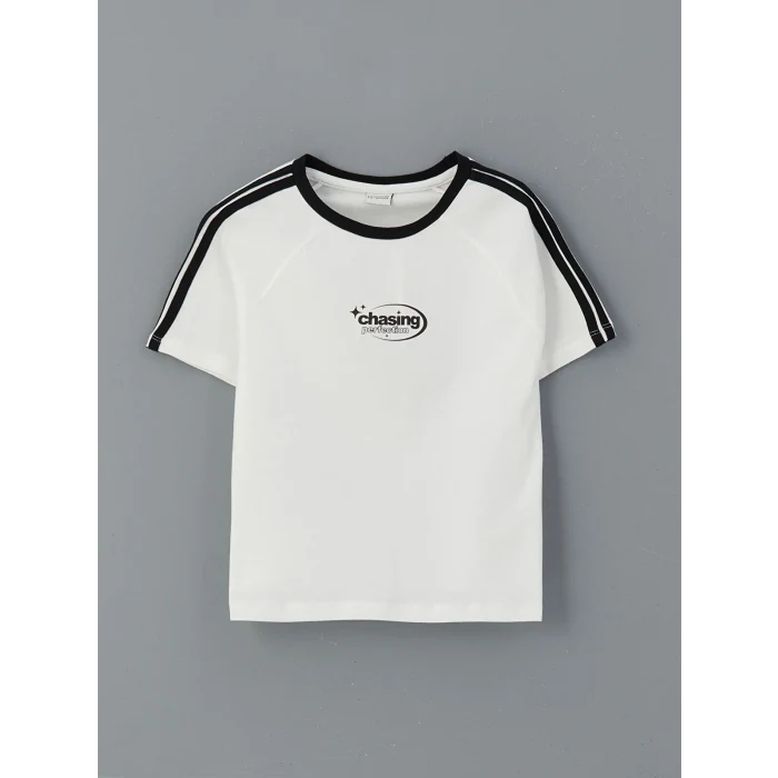 LCW Kids Ekru Bisiklet Yaka Baskılı Kız Çocuk Tişört