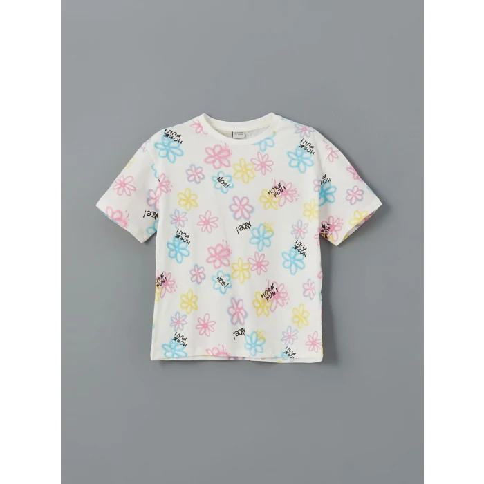 LCW Kids Ekru Bisiklet Yaka Çiçekli Kız Çocuk Tişört