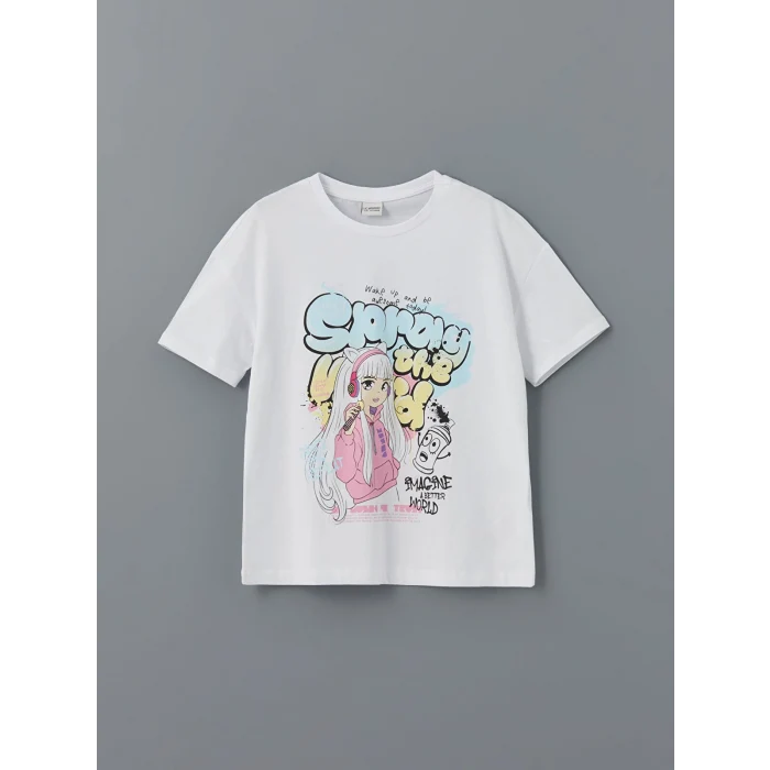 LCW Kids Beyaz Bisiklet Yaka Anime Baskılı Kız Çocuk Tişört