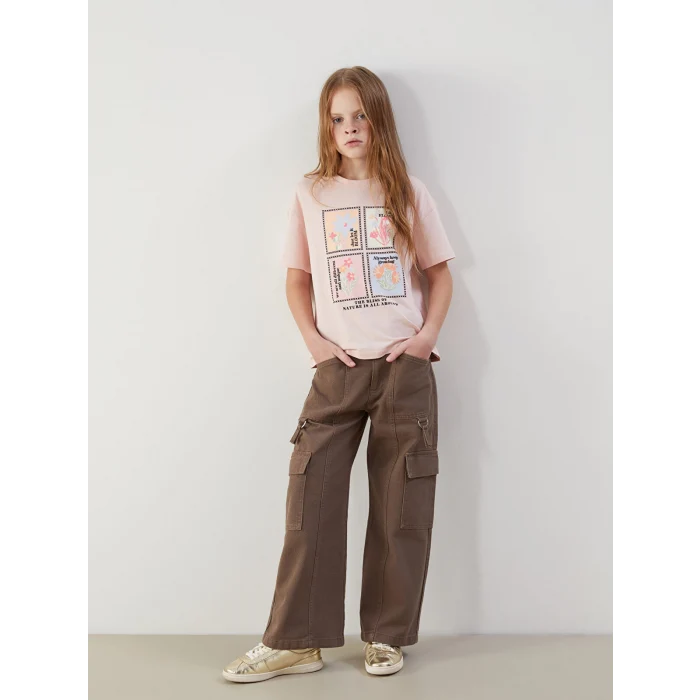 LCW Kids Pembe Bisiklet Yaka Çiçekli Kız Çocuk Tişört