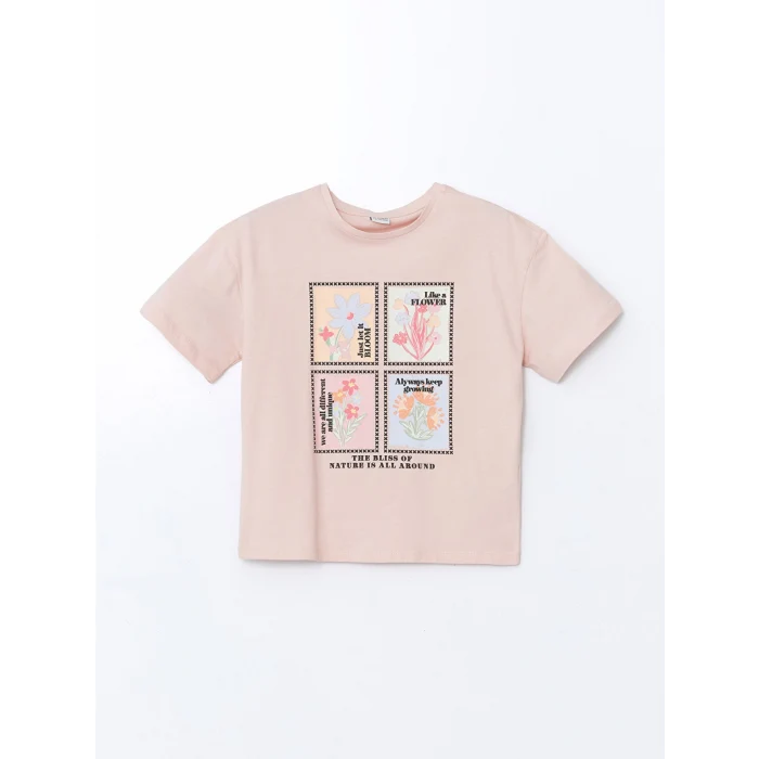 LCW Kids Pembe Bisiklet Yaka Çiçekli Kız Çocuk Tişört