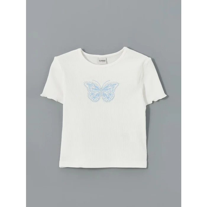LCW Kids Ekru Bisiklet Yaka Taşlı Kız Çocuk Tişört