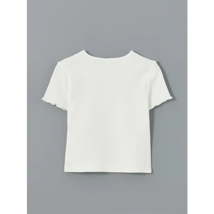 LCW Kids Ekru Bisiklet Yaka Taşlı Kız Çocuk Tişört