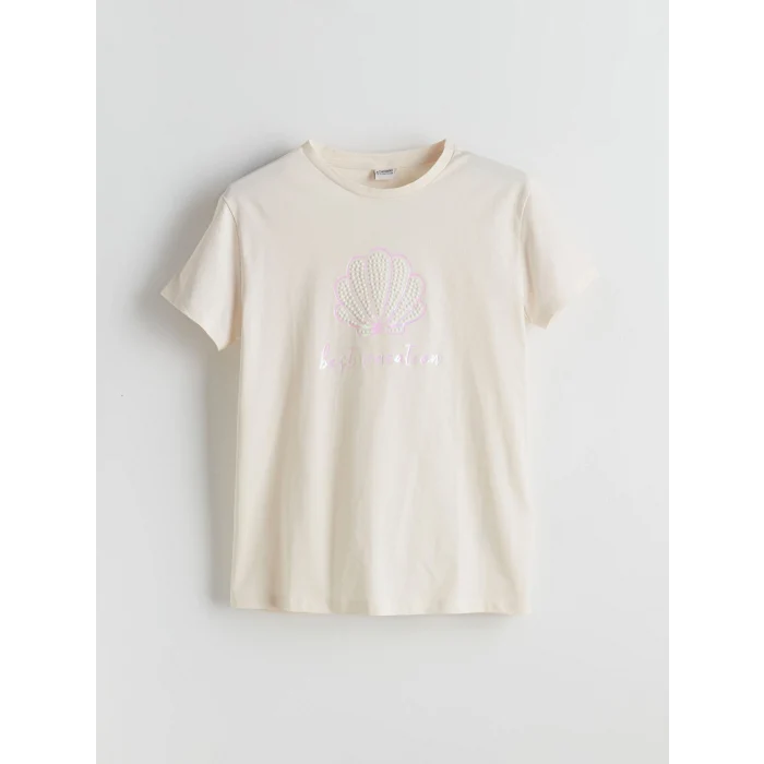 LCW Kids Ekru Bisiklet Yaka Taşlı Kız Çocuk Tişört