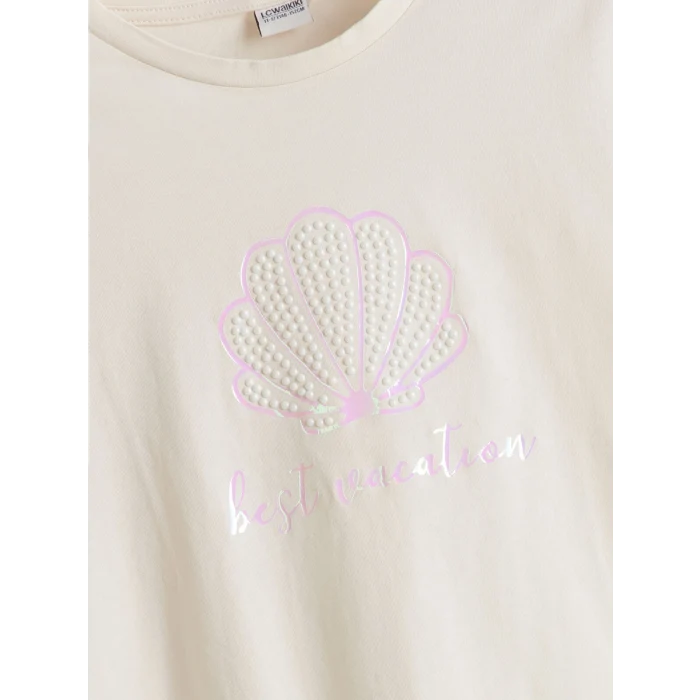LCW Kids Ekru Bisiklet Yaka Taşlı Kız Çocuk Tişört
