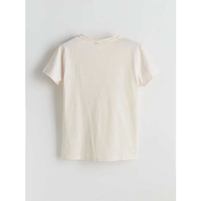 LCW Kids Ekru Bisiklet Yaka Taşlı Kız Çocuk Tişört