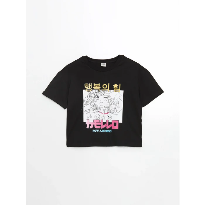 LCW Kids Siyah Bisiklet Yaka Anime Baskılı Kız Çocuk Tişört