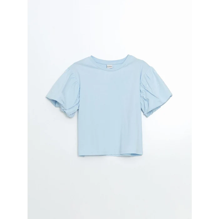 LCW Kids Mavi Bisiklet Yaka Taşlı Kız Çocuk Tişört