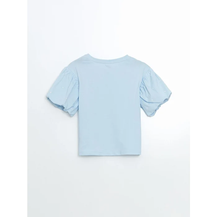 LCW Kids Mavi Bisiklet Yaka Taşlı Kız Çocuk Tişört