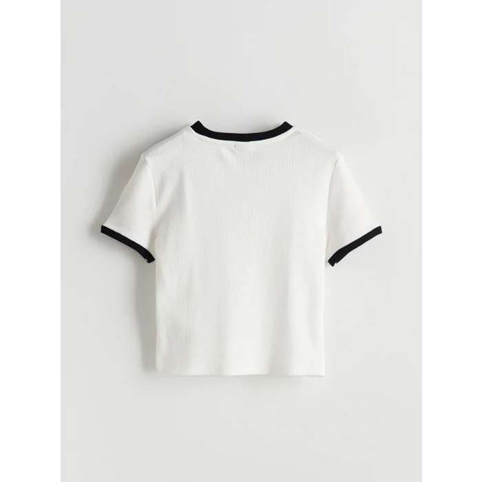 LCW Kids Ekru Bisiklet Yaka Fiyonk Baskılı Taşlı Kız Çocuk Tişört