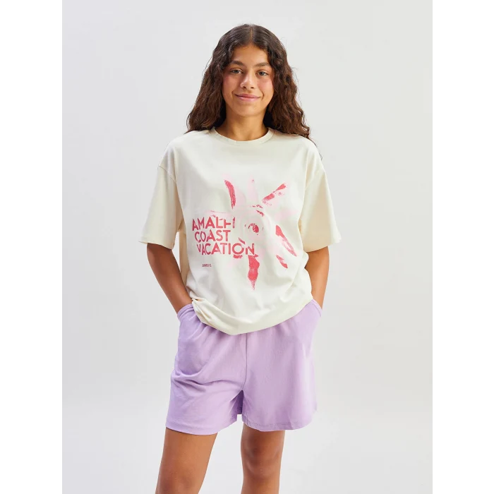 LCW Kids Ekru Bisiklet Yaka Kız Çocuk Tişört