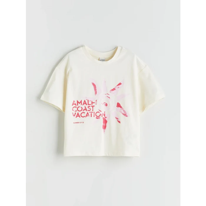 LCW Kids Ekru Bisiklet Yaka Kız Çocuk Tişört