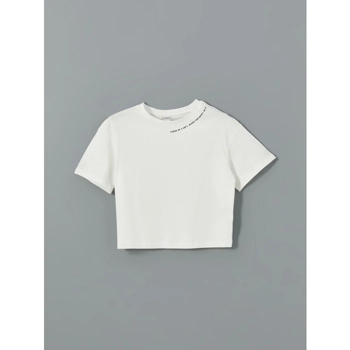 LCW Kids Ekru Bisiklet Yaka Kız Çocuk Tişört