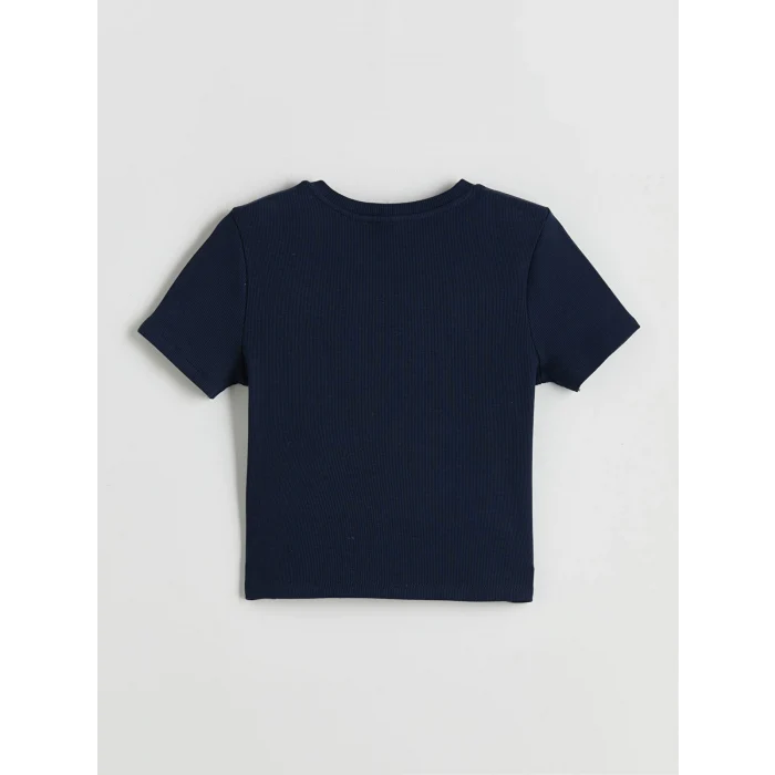 LCW Kids Lacivert Bisiklet Yaka Baskılı Kız Çocuk Crop Tişört