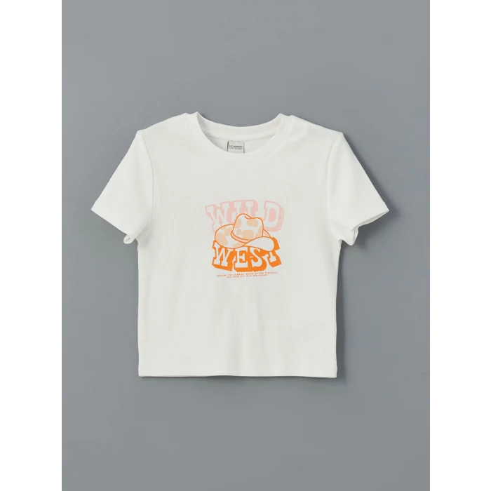 LCW Kids Ekru Bisiklet Yaka Kız Çocuk Crop Tişört