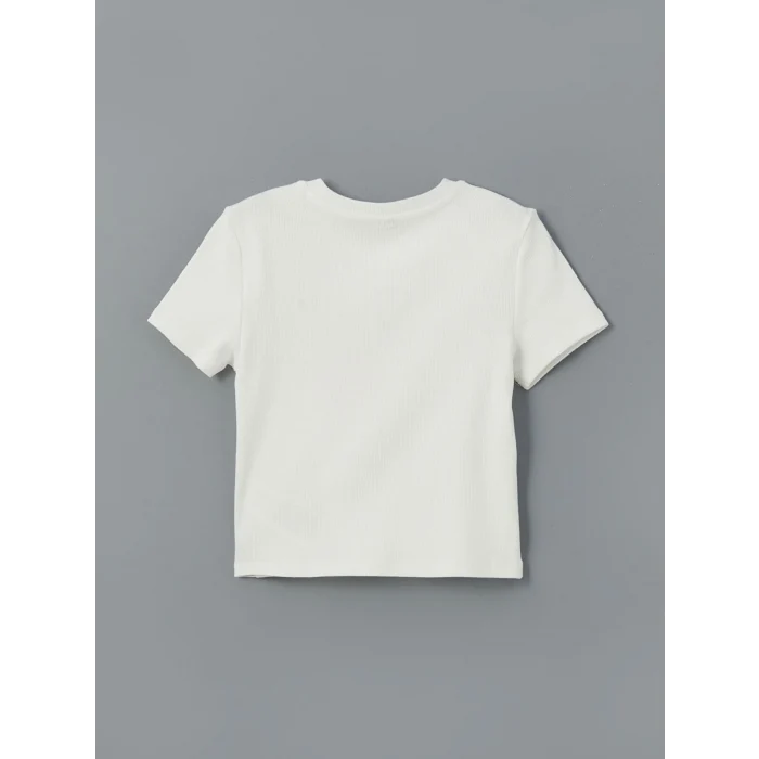 LCW Kids Ekru Bisiklet Yaka Kız Çocuk Crop Tişört