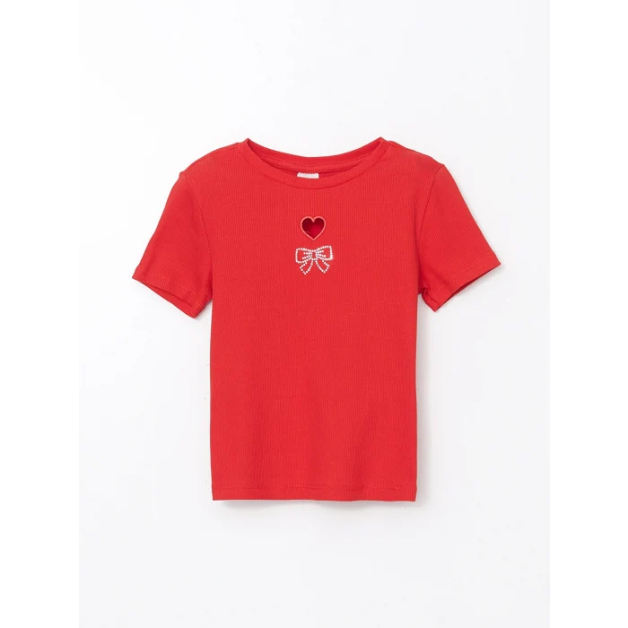 LCW Kids Kırmızı Bisiklet Yaka Taşlı Kız Çocuk Tişört