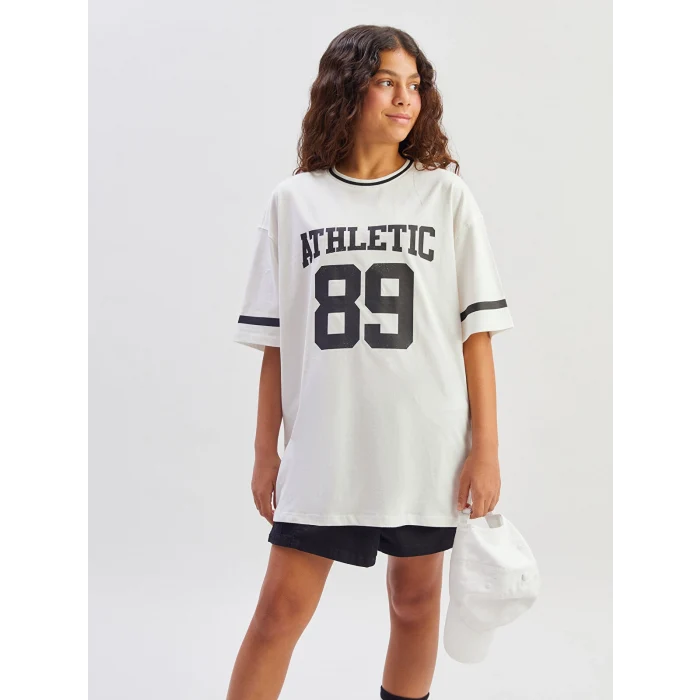 LCW Kids Ekru Bisiklet Yaka Baskılı Kız Çocuk Tişört