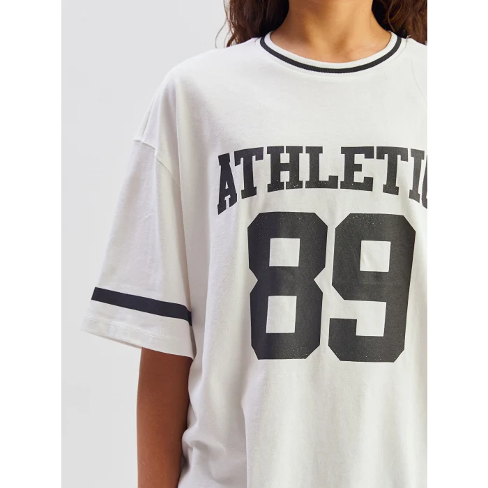 LCW Kids Ekru Bisiklet Yaka Baskılı Kız Çocuk Tişört