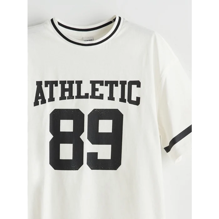 LCW Kids Ekru Bisiklet Yaka Baskılı Kız Çocuk Tişört