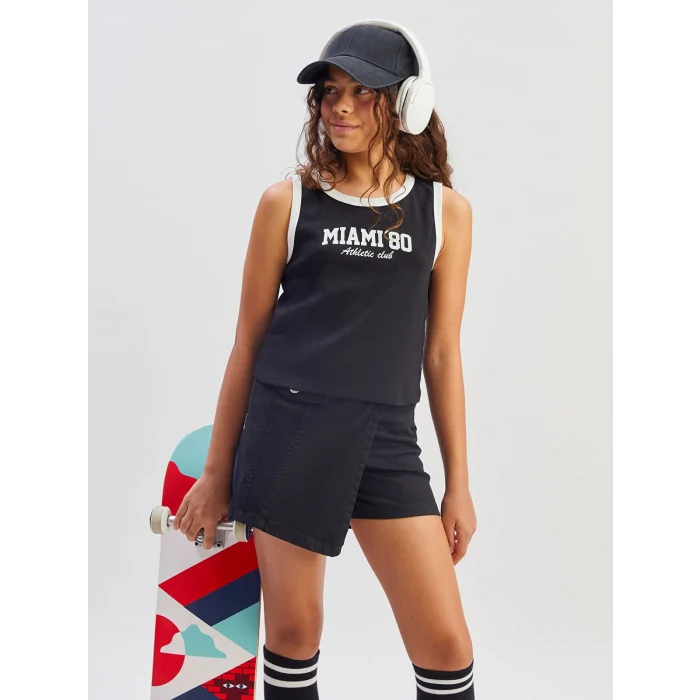 LCW Kids Siyah Bisiklet Yaka Baskılı Kız Çocuk Atlet