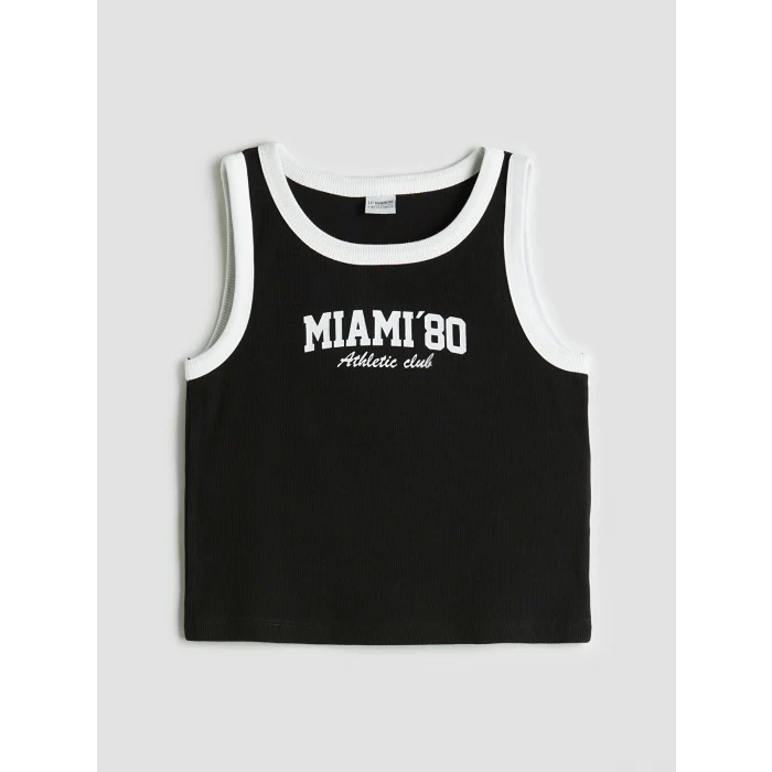 LCW Kids Siyah Bisiklet Yaka Baskılı Kız Çocuk Atlet