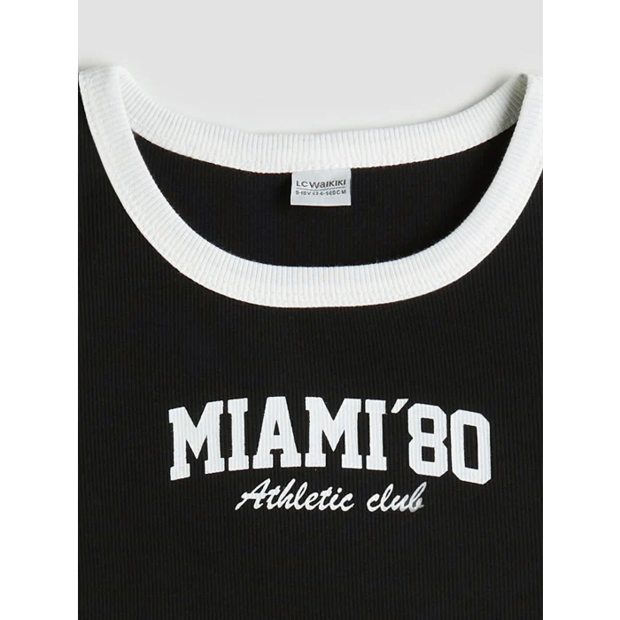 LCW Kids Siyah Bisiklet Yaka Baskılı Kız Çocuk Atlet