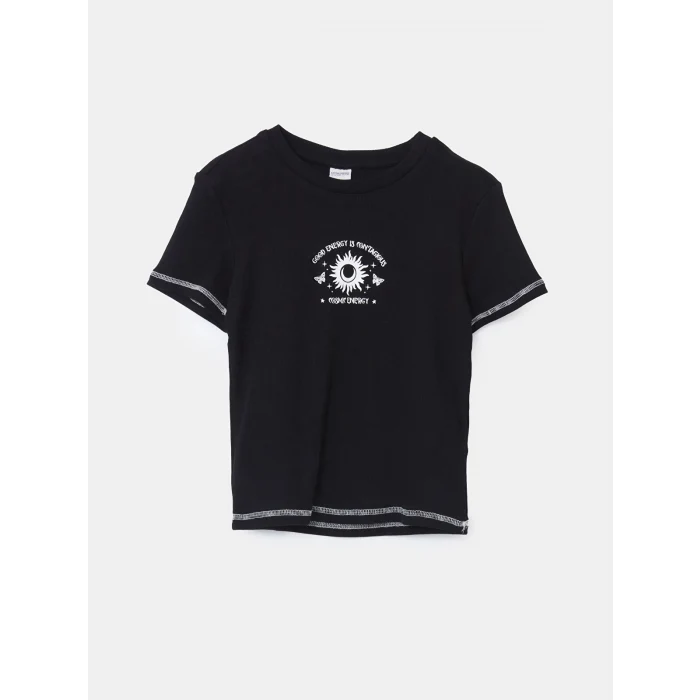 LCW Kids Siyah Bisiklet Yaka Kız Çocuk Tişört