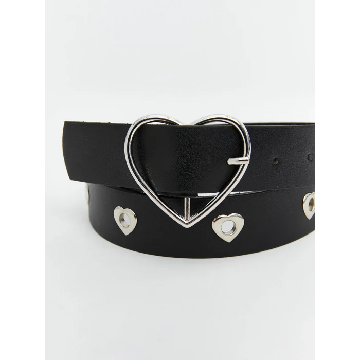 LCW ACCESSORIES Siyah Kalp Tokalı Deri Görünümlü Kız Çocuk Kemer