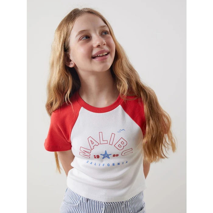 LCW Kids Kırmızı Bisiklet Yaka California Baskılı Kız Çocuk Crop Tişört