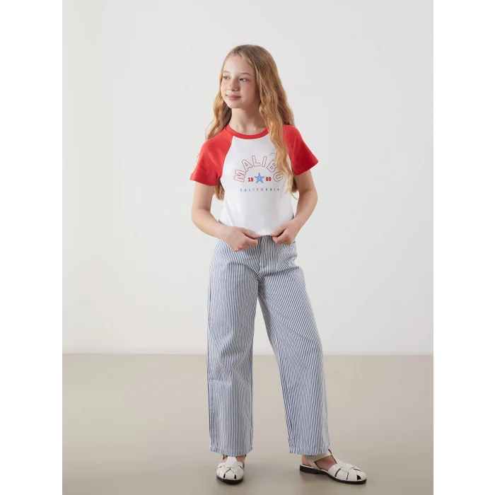 LCW Kids Kırmızı Bisiklet Yaka California Baskılı Kız Çocuk Crop Tişört