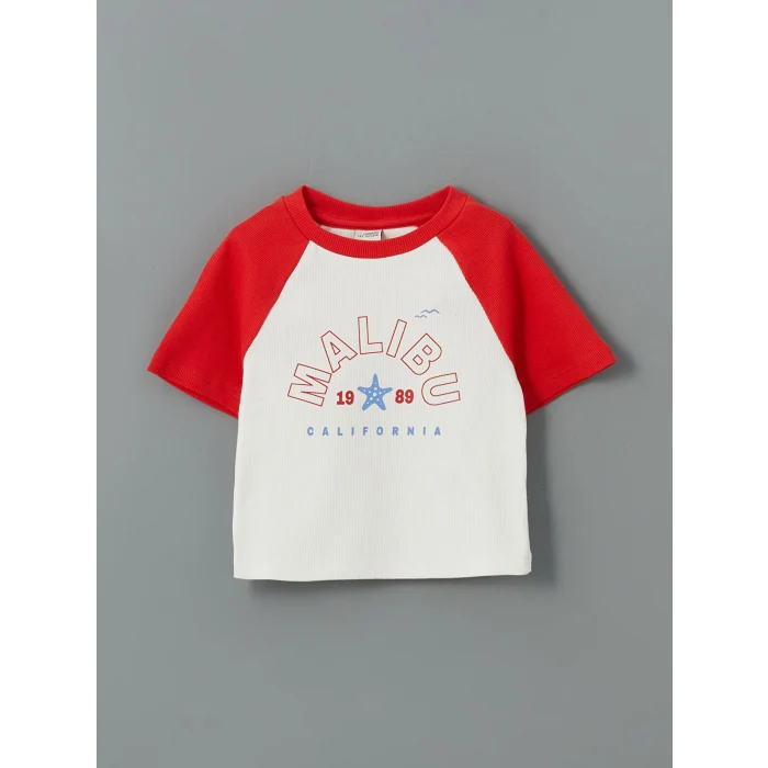 LCW Kids Kırmızı Bisiklet Yaka California Baskılı Kız Çocuk Crop Tişört