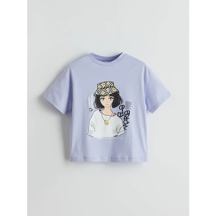 LCW Kids Lila Bisiklet Yaka Anime Baskılı Kız Çocuk Tişört