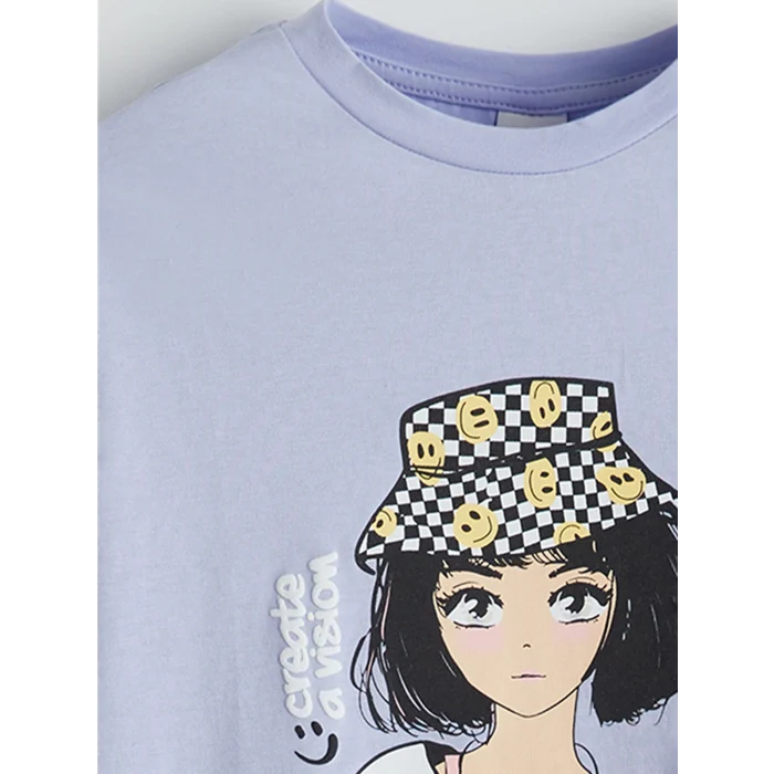 LCW Kids Lila Bisiklet Yaka Anime Baskılı Kız Çocuk Tişört