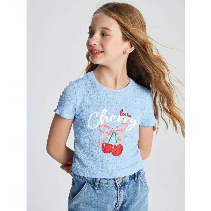 LCW Kids Mavi Bisiklet Yaka Kiraz Baskılı Kız Çocuk Crop Tişört