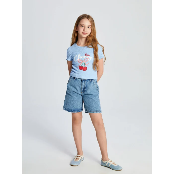 LCW Kids Mavi Bisiklet Yaka Kiraz Baskılı Kız Çocuk Crop Tişört