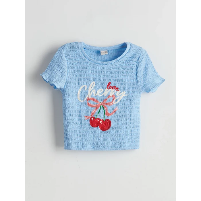 LCW Kids Mavi Bisiklet Yaka Kiraz Baskılı Kız Çocuk Crop Tişört