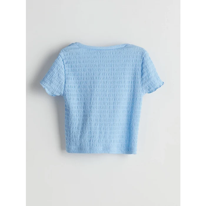 LCW Kids Mavi Bisiklet Yaka Kiraz Baskılı Kız Çocuk Crop Tişört