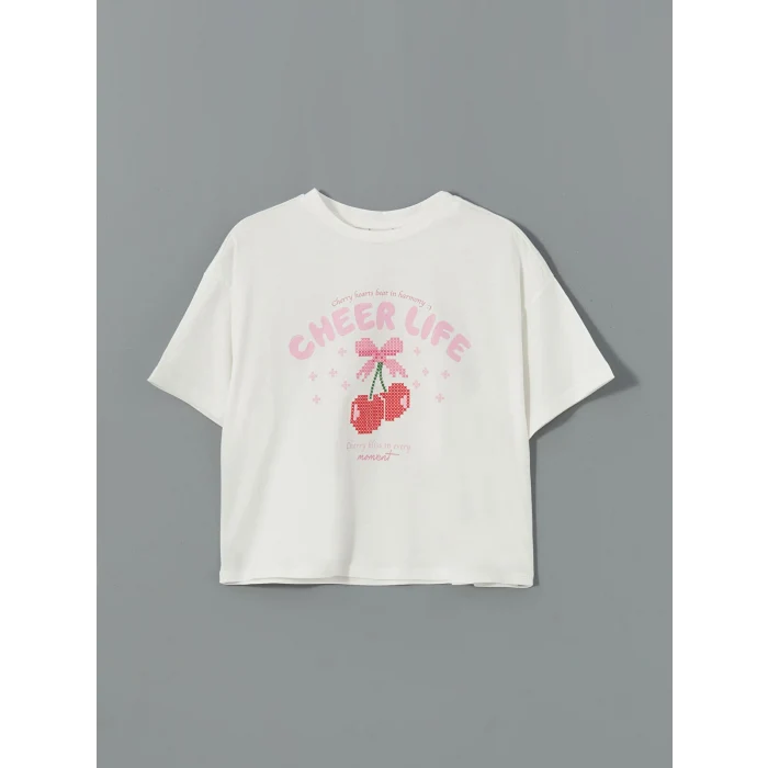 LCW Kids Ekru Bisiklet Yaka Kız Çocuk Tişört