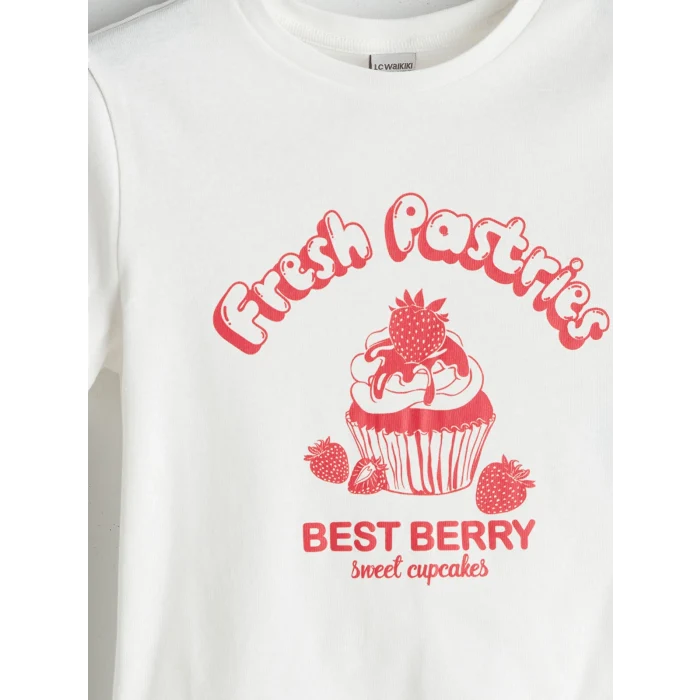 LCW Kids Ekru Bisiklet Yaka Baskılı Kız Çocuk Tişört