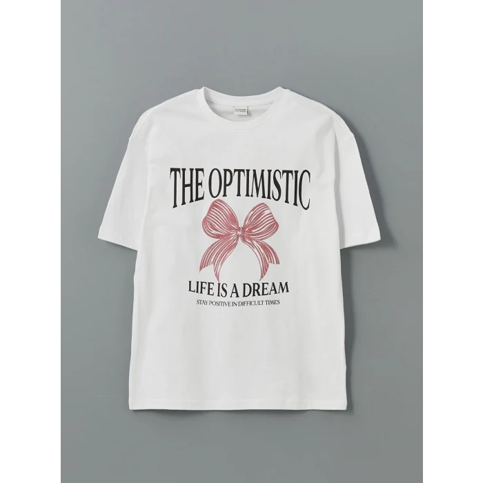 LCW Kids Beyaz Bisiklet Yaka Baskılı Kız Çocuk Tişört