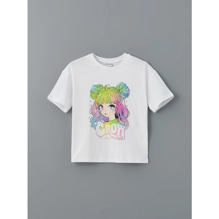 LCW Kids Beyaz Bisiklet Yaka Kız Çocuk Tişört