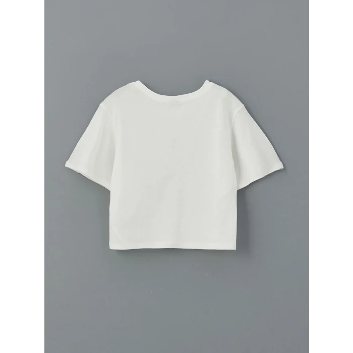 LCW Kids Ekru Bisiklet Yaka Dantel Detaylı Kız Çocuk Tişört