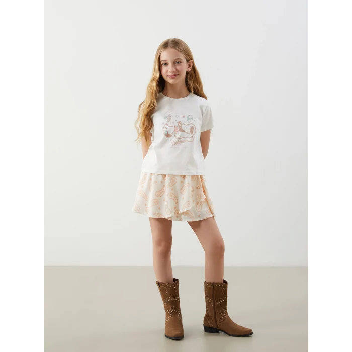 LCW Kids Ekru Bisiklet Yaka Kız Çocuk Tişört