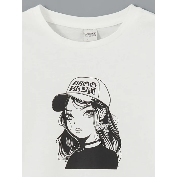 LCW Kids Ekru Bisiklet Yaka Taşlı Kız Çocuk Tişört