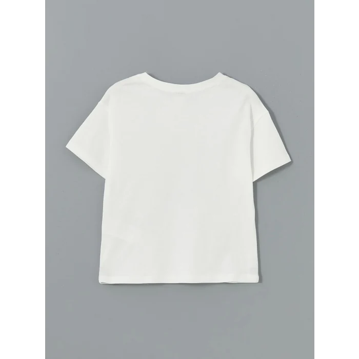 LCW Kids Ekru Bisiklet Yaka Taşlı Kız Çocuk Tişört