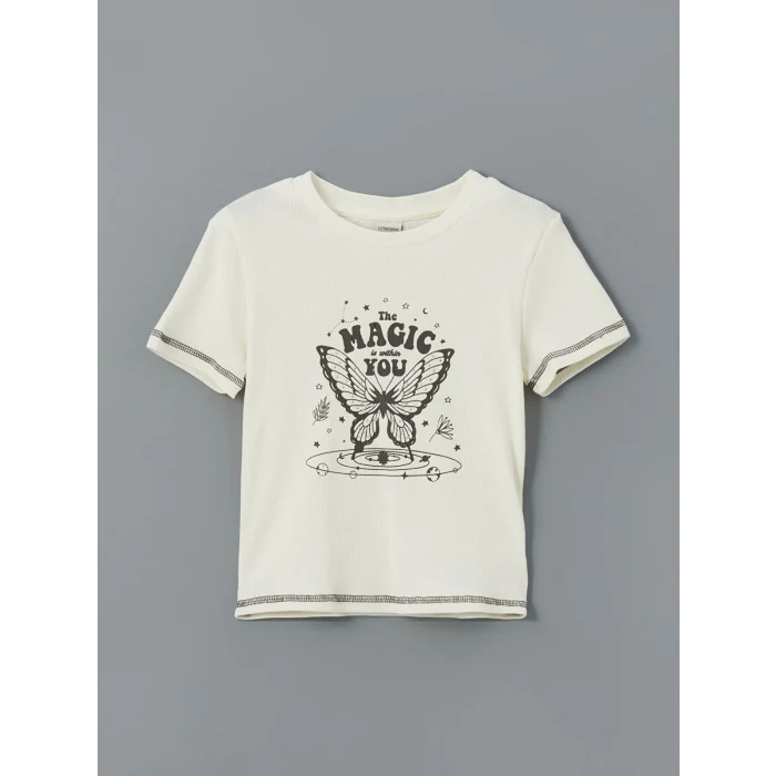 LCW Kids Ekru Bisiklet Yaka Kız Çocuk Tişört