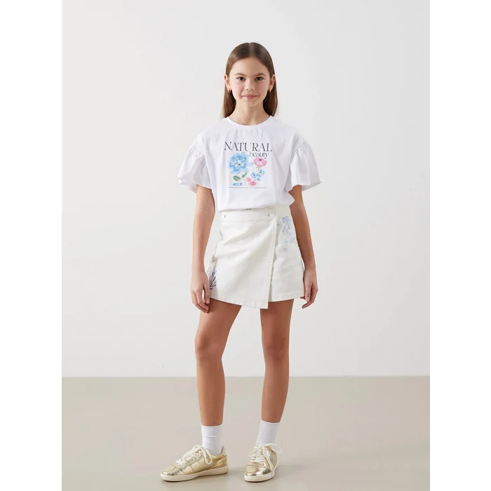 LCW Kids Beyaz Bisiklet Yaka Kız Çocuk Tişört